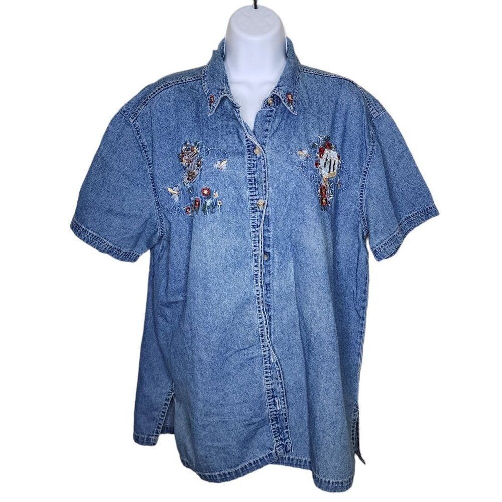 Vintage 90s Short Sleeve Bird Cage Denim Shirt Womens 14 Blue Embroidered Jean